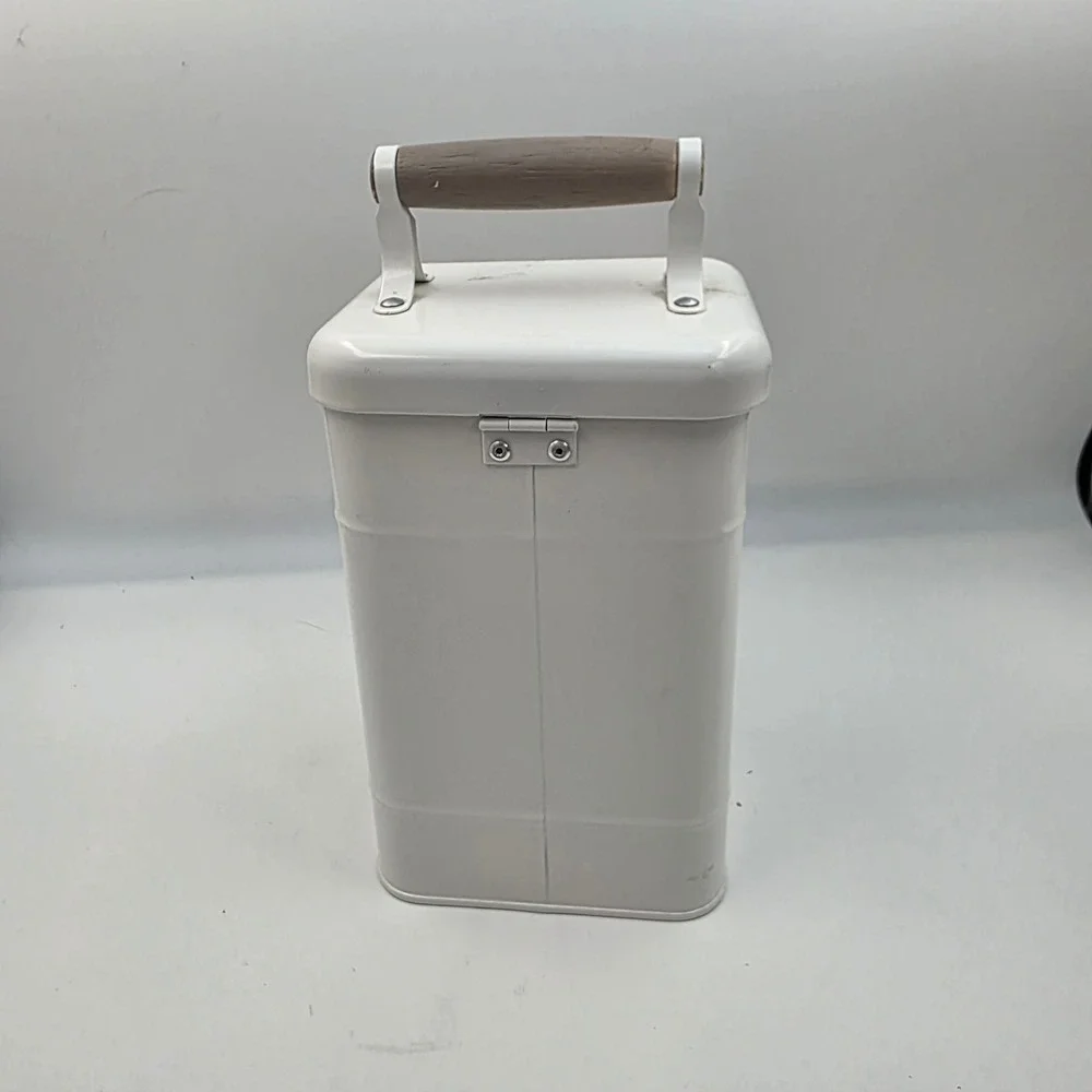 Farmhouse Metal Laundry Detergent Storage Tin Bin with Wood Handle Cream White